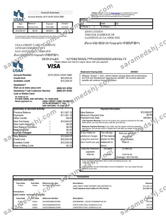 USA USAA bank Credit card excel pdf